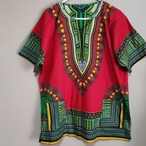 T.I.A. tribal red artistic  Indigenous COTTON Tunic top, sz OS
